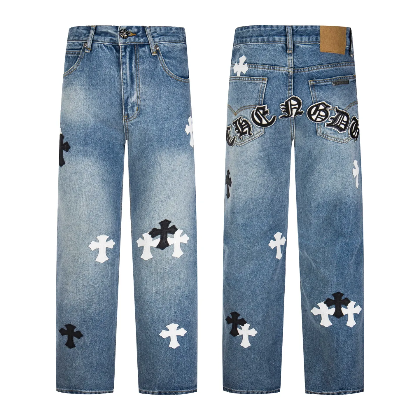 P260 Chrome Hearts light blue pants, Sanskrit black and white patchwork leather jeans. CH jeans need to be washed before being dismantled and then hand-stitched with sheepskin cross leather and then spliced ​​together. The whole piece has too many craftsmanship to explain. The patches are decorated with cross patterns, and the high-waisted washed jeans! ! Absolutely high-end luxury products, god-level single products and super popular products, made with top heavy industry, a must-see magic weapon. Customized hardware. The fabric is thick and soft after washing. It has good breathability. Customized small leather label. Unique design. The details are simple and elegant, and the workmanship is exquisite. The entire trousers are neatly routed and the details are in place! It’s so cool that both men and women can easily control the genderless trend! Style number: 1803# Color: blue Size: 28 30 32 34
